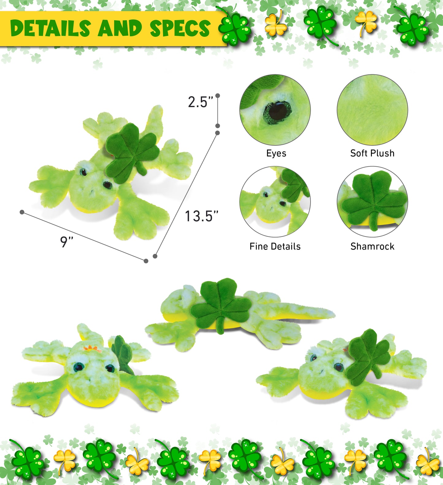 DolliBu Green Gecko Lizard Stuffed Animal with Green Plush Shamrock - 13.5 Inch