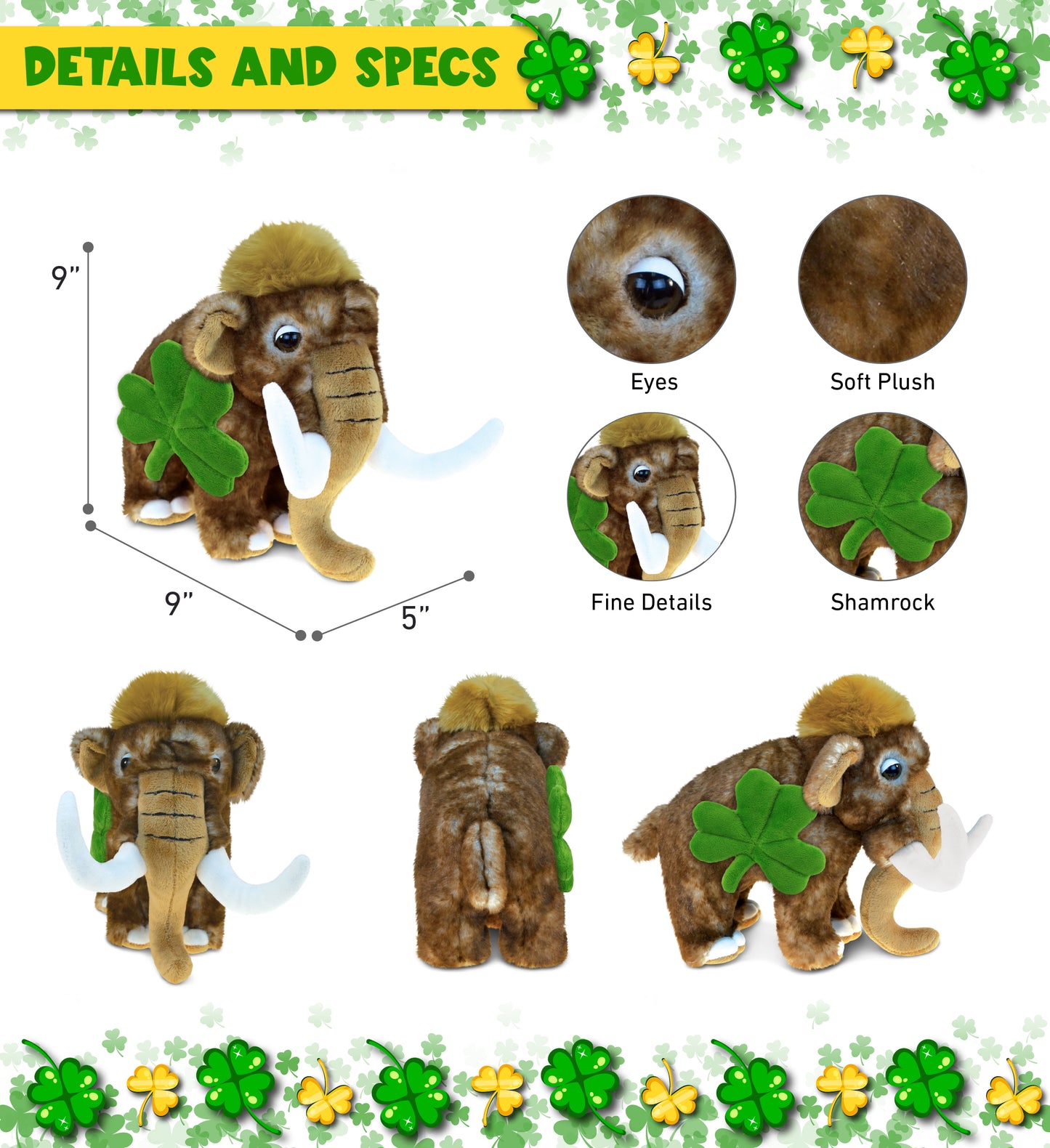 DolliBu Wild Woolly Mammoth Stuffed Animal with Green Plush Shamrock - 9 Inches