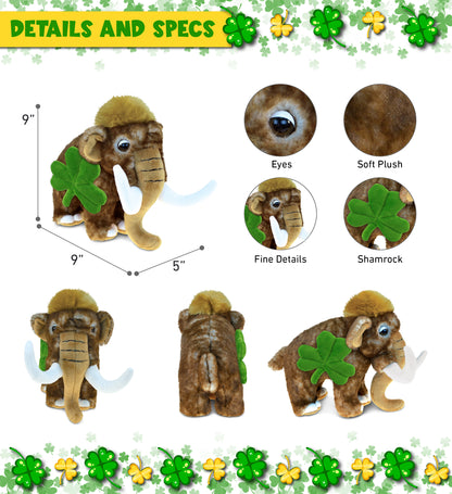 DolliBu Wild Woolly Mammoth Stuffed Animal with Green Plush Shamrock - 9 Inches