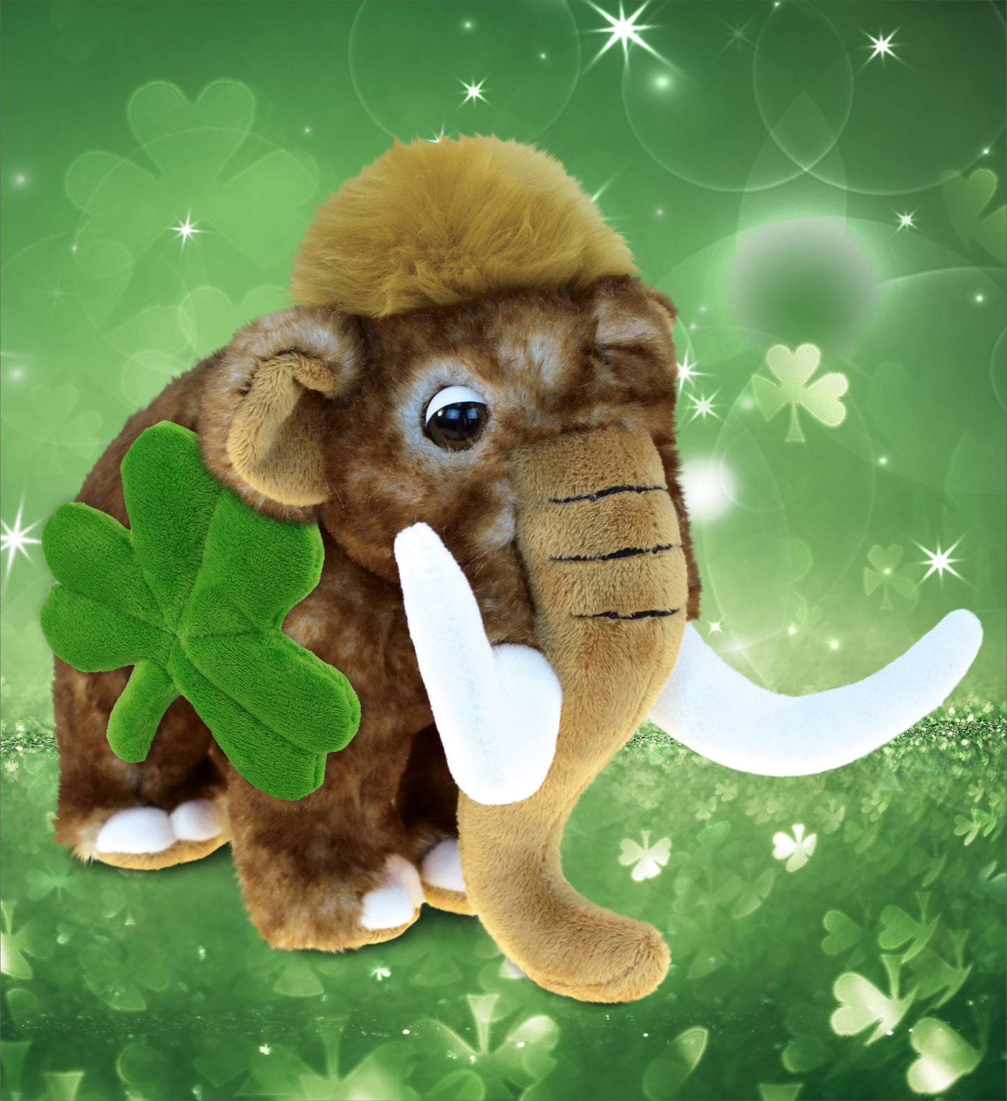DolliBu Wild Woolly Mammoth Stuffed Animal with Green Plush Shamrock - 9 Inches