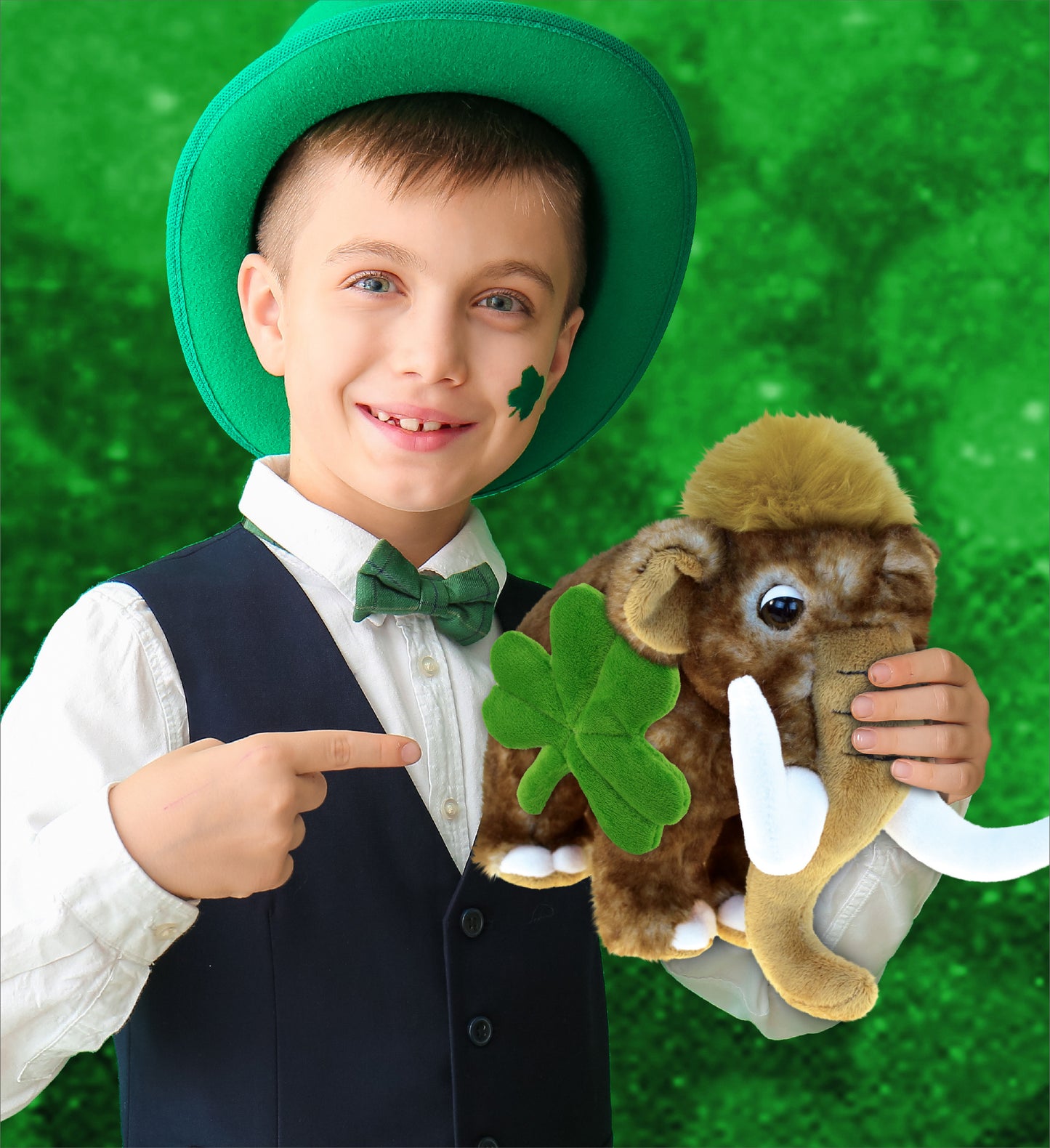 DolliBu Wild Woolly Mammoth Stuffed Animal with Green Plush Shamrock - 9 Inches
