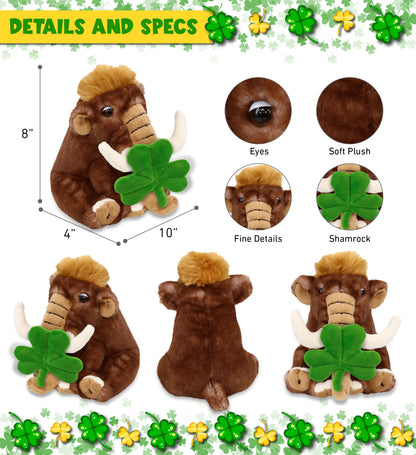 DolliBu Soft Wild Mammoth Stuffed Animal with Green Plush Shamrock - 10 Inches