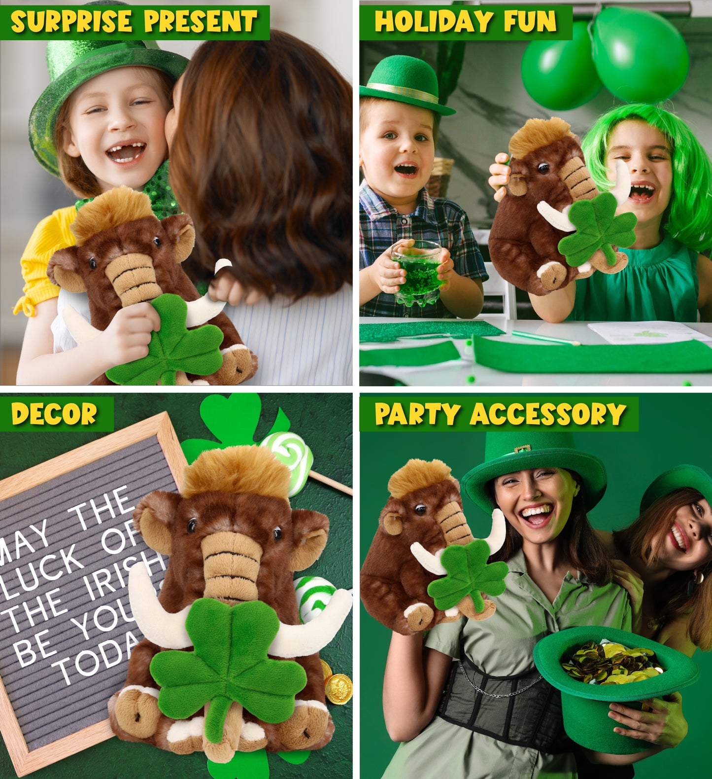 DolliBu Soft Wild Mammoth Stuffed Animal with Green Plush Shamrock - 10 Inches