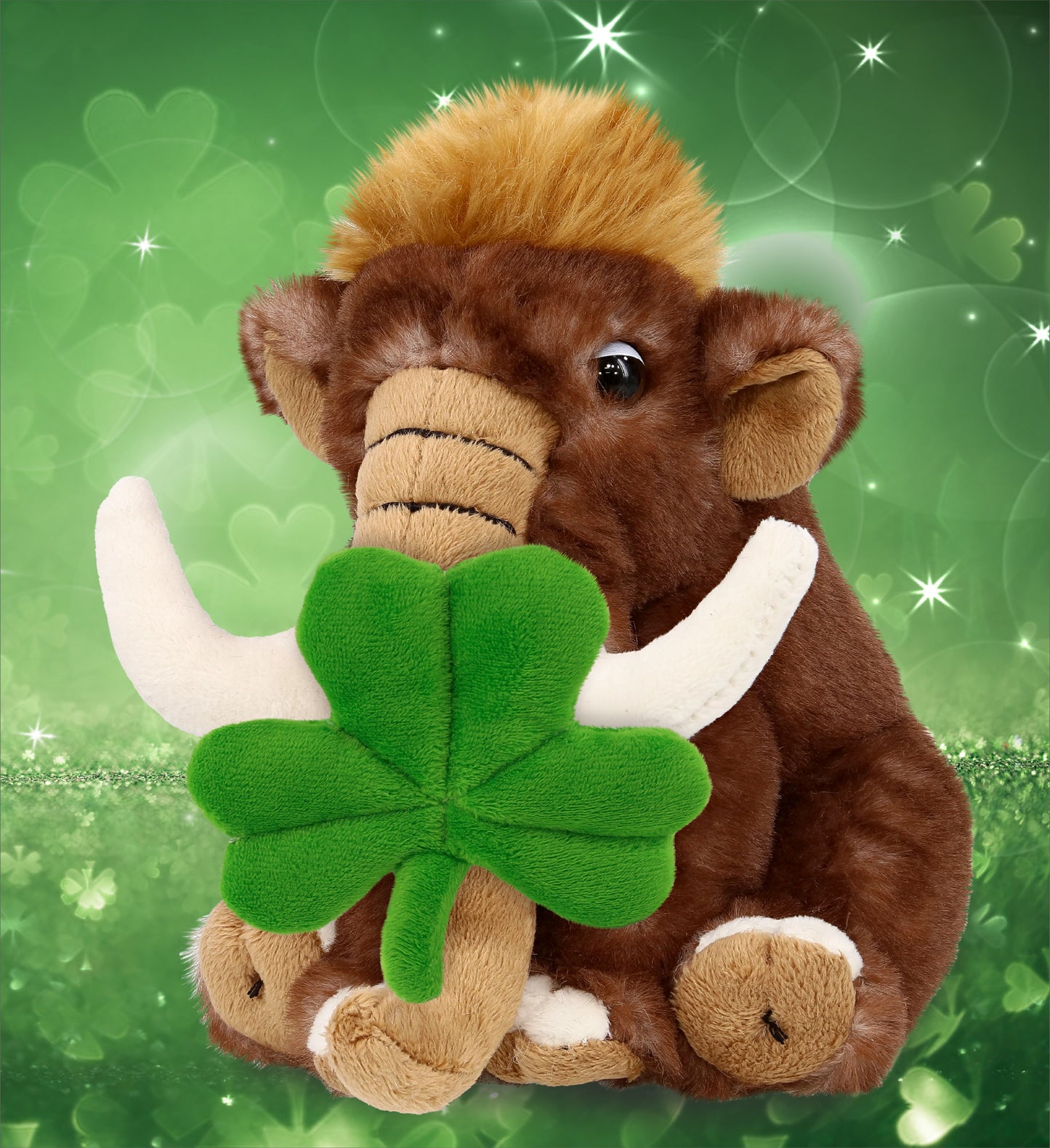 DolliBu Soft Wild Mammoth Stuffed Animal with Green Plush Shamrock - 10 Inches