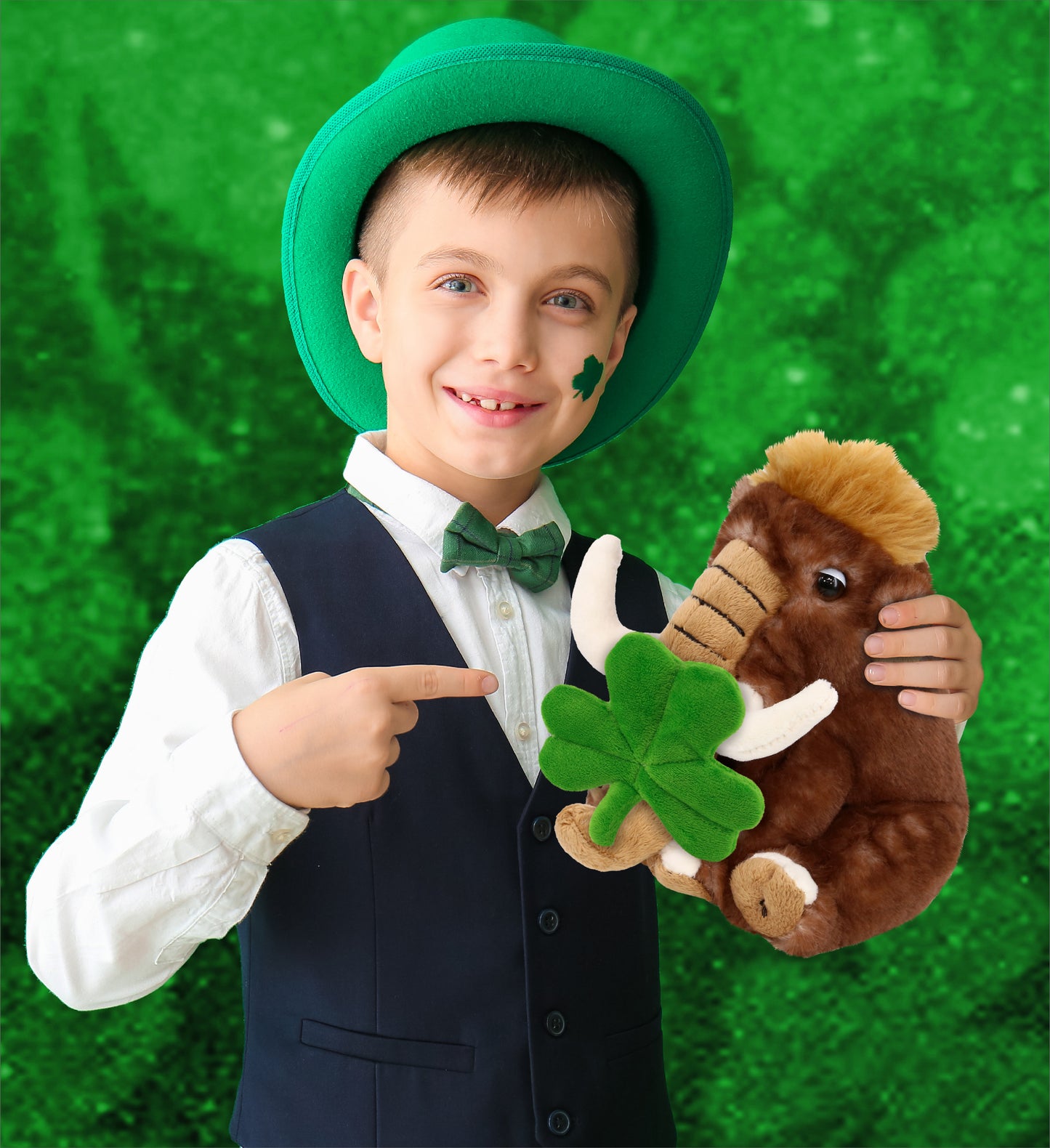 DolliBu Soft Wild Mammoth Stuffed Animal with Green Plush Shamrock - 10 Inches
