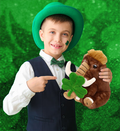 DolliBu Soft Wild Mammoth Stuffed Animal with Green Plush Shamrock - 10 Inches