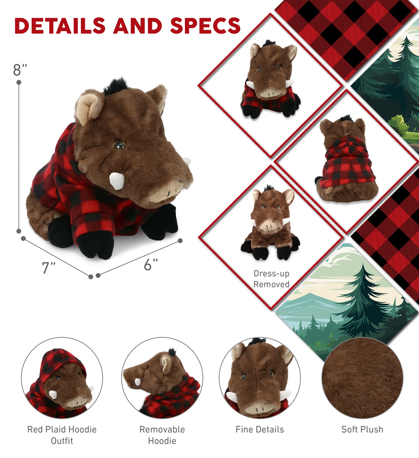 SUPER SOFT PLUSH - WILD BOAR WITH RED PLAID HOODIE