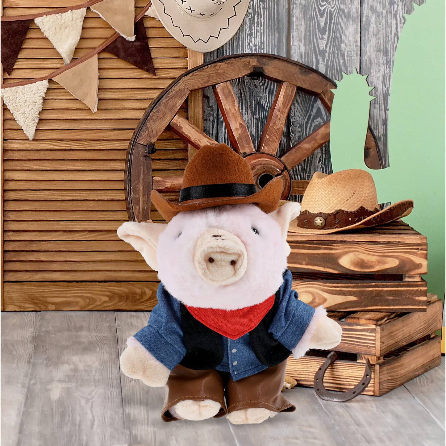 SUPER SOFT PLUSH - SQUAT PIGGY With COWBOY Dress Up