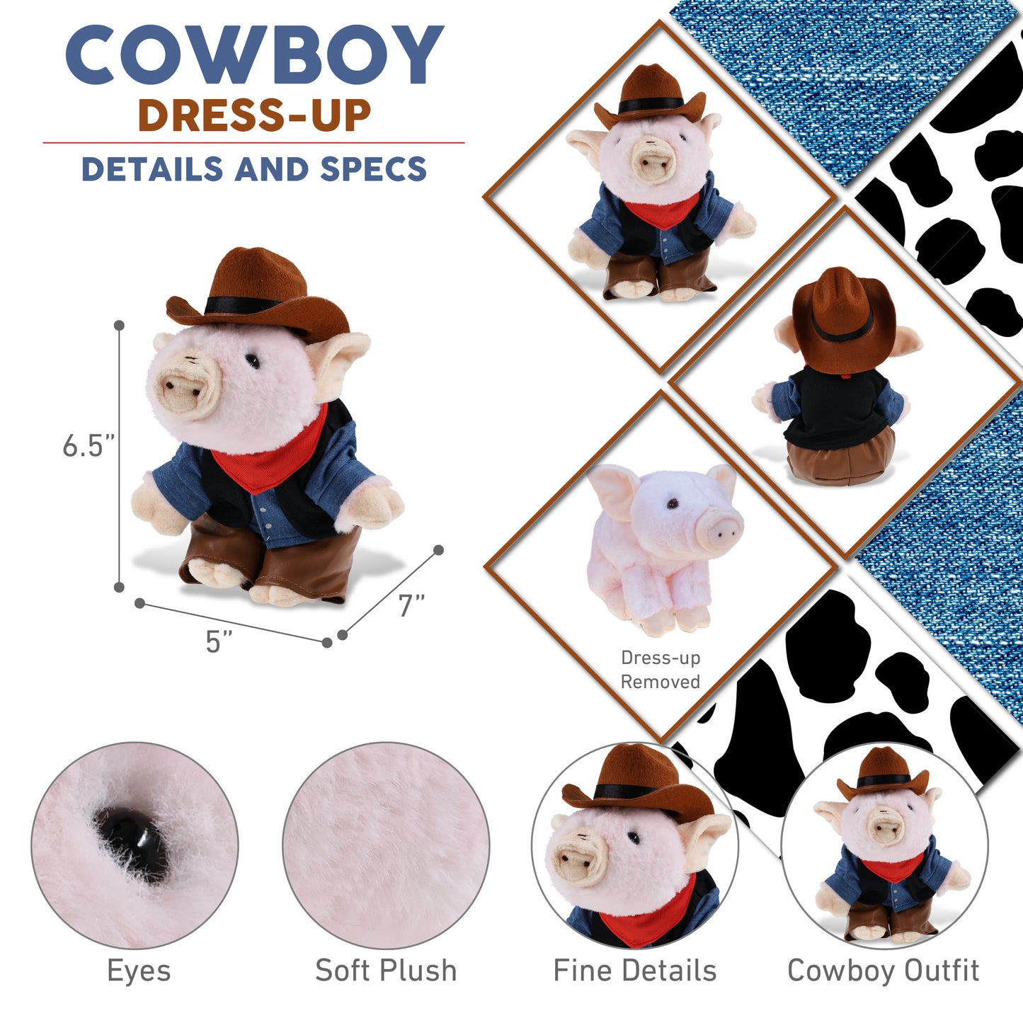SUPER SOFT PLUSH - SQUAT PIGGY With COWBOY Dress Up