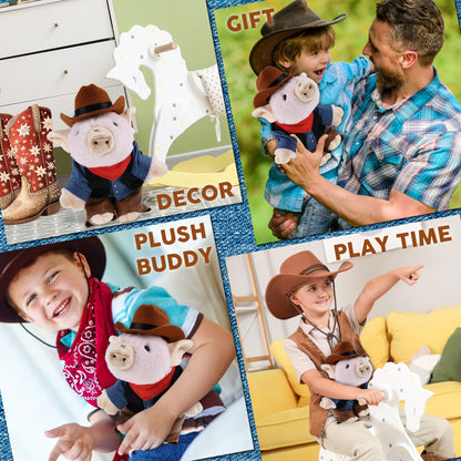 SUPER SOFT PLUSH - SQUAT PIGGY With COWBOY Dress Up