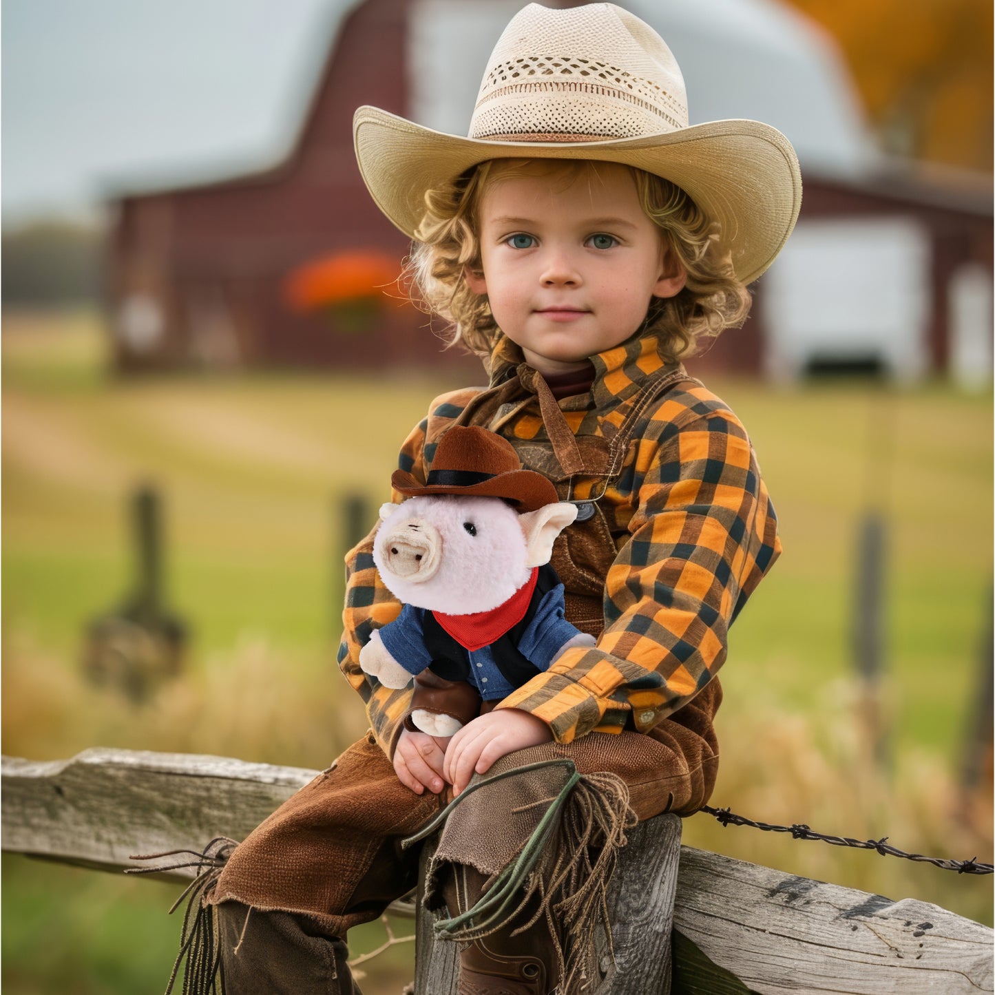 SUPER SOFT PLUSH - SQUAT PIGGY With COWBOY Dress Up