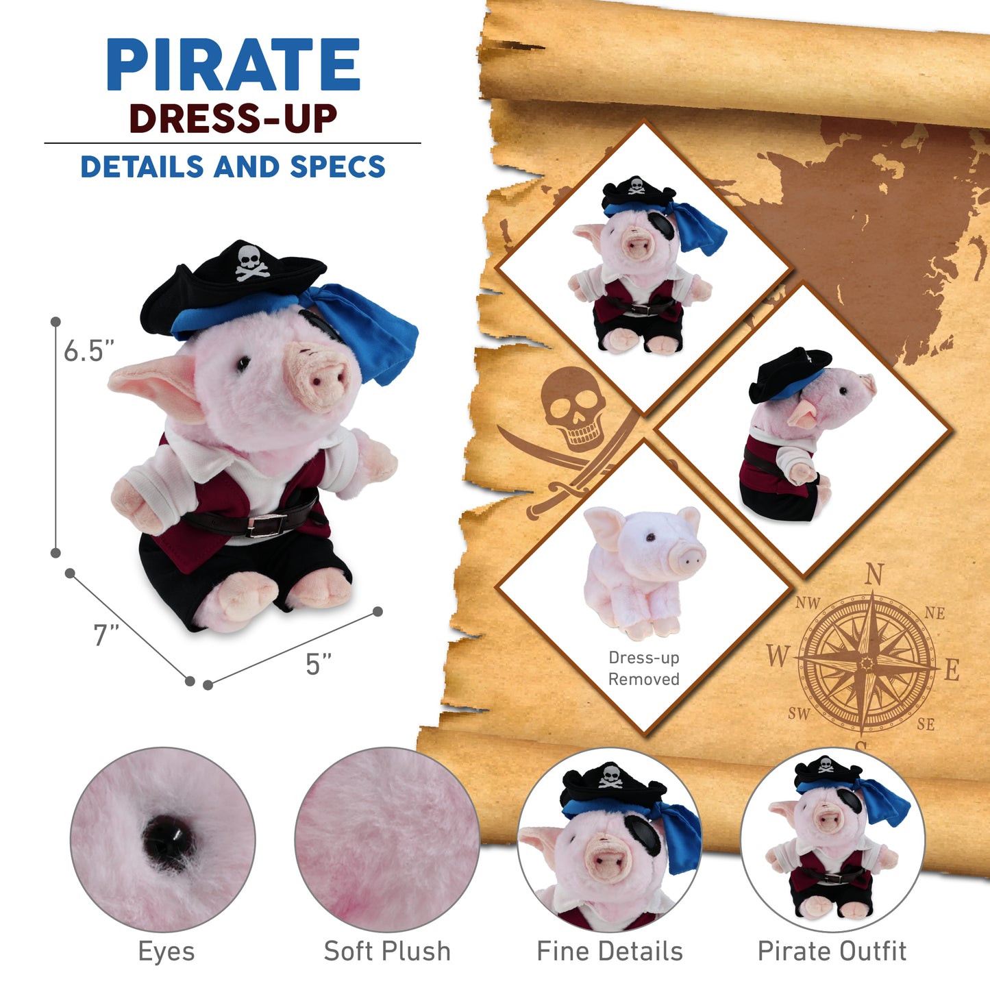 SUPER SOFT PLUSH - SQUAT PIGGY PIRATE DRESS UP
