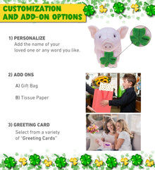 DolliBu Cute Squat Piggy Stuffed Animal with Green Plush Shamrock - 7 Inches