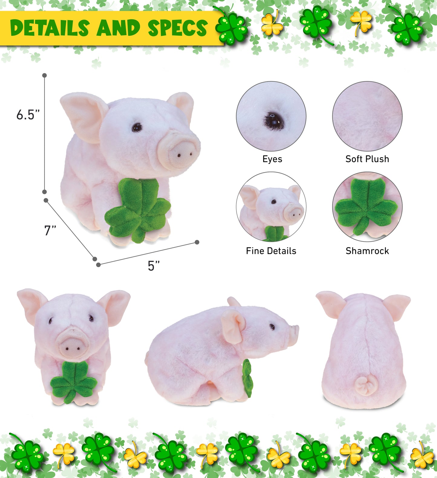 DolliBu Cute Squat Piggy Stuffed Animal with Green Plush Shamrock - 7 Inches