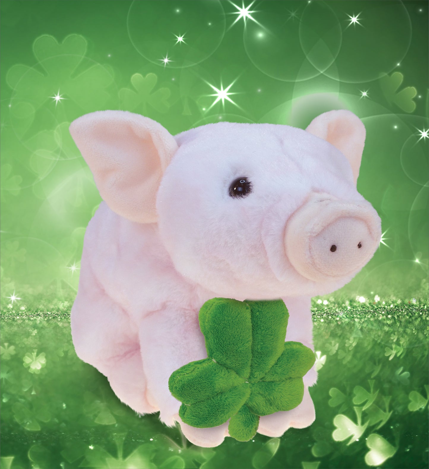 DolliBu Cute Squat Piggy Stuffed Animal with Green Plush Shamrock - 7 Inches