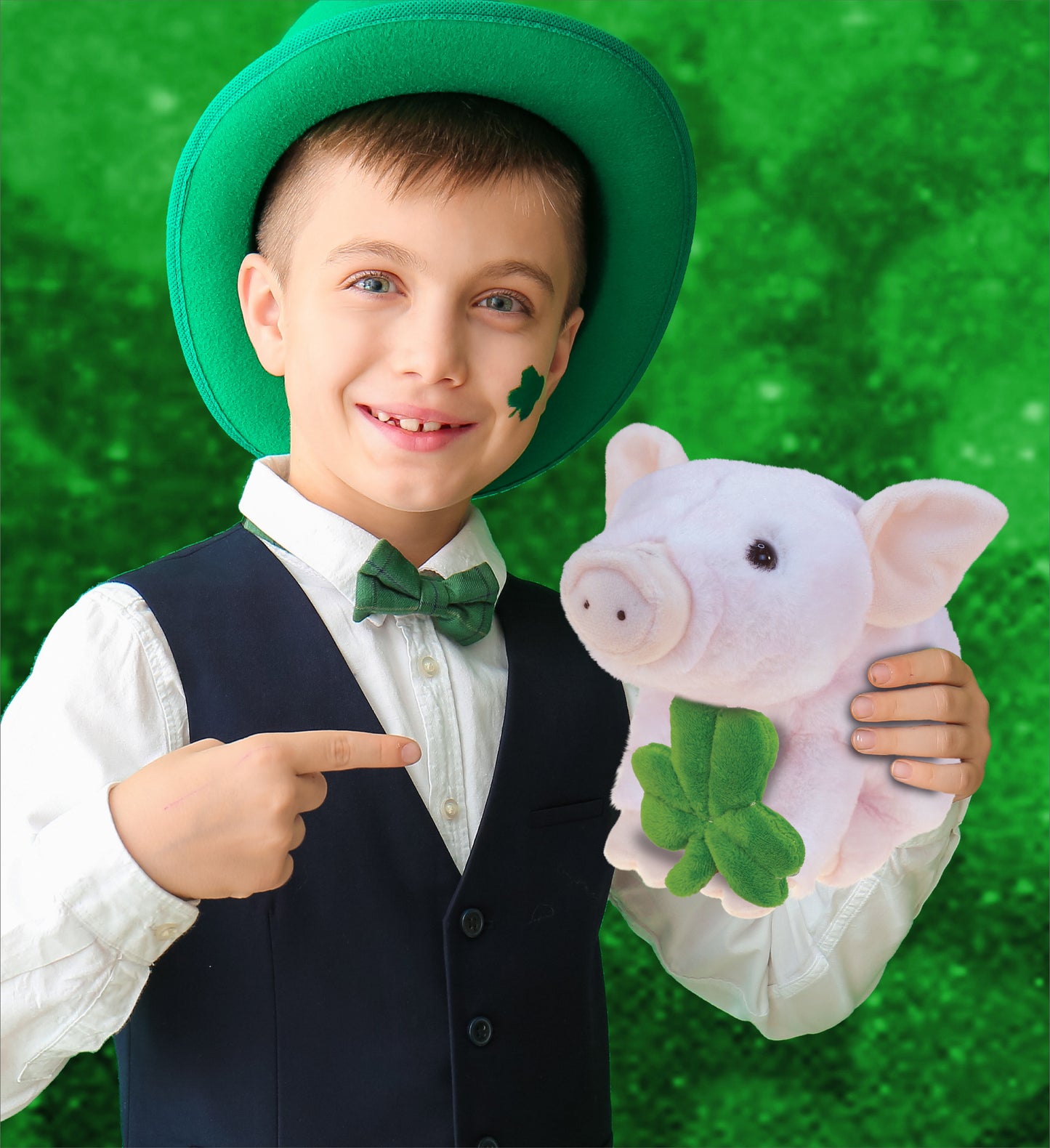 DolliBu Cute Squat Piggy Stuffed Animal with Green Plush Shamrock - 7 Inches