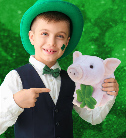 DolliBu Cute Squat Piggy Stuffed Animal with Green Plush Shamrock - 7 Inches