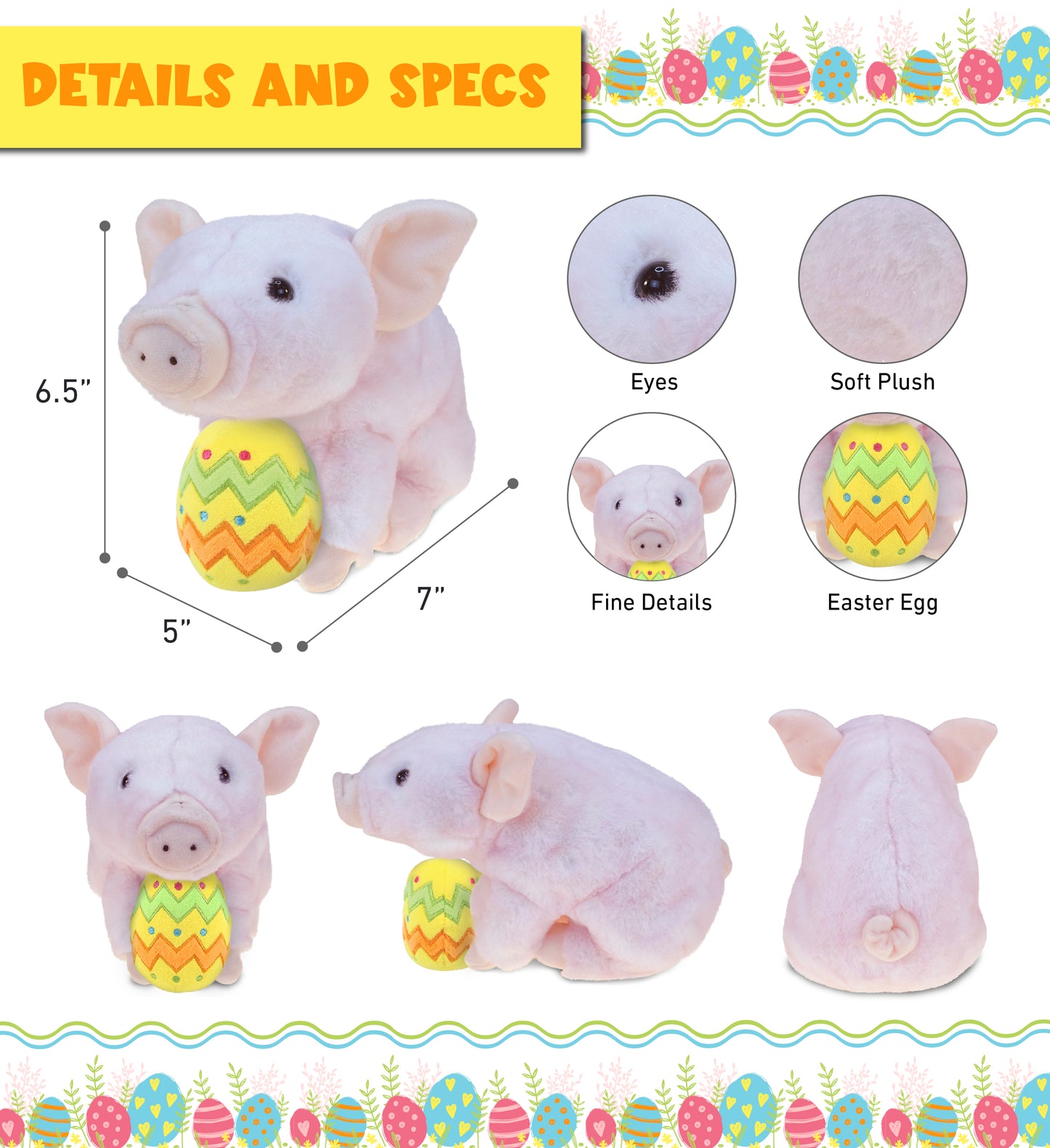 DolliBu Super Soft Cute Squat Piggy with Yellow Easter Egg Plush - 7 Inches