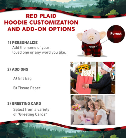 SUPER SOFT PLUSH - SQUAT PIGGY WITH RED PLAID HOODIE