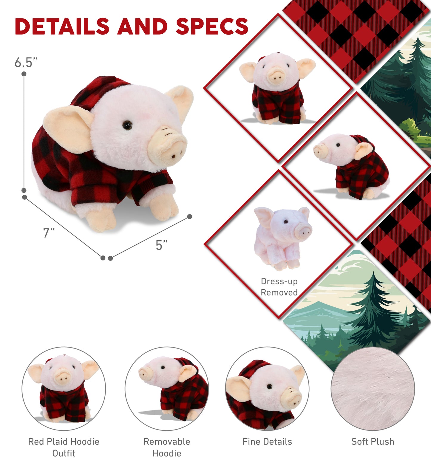SUPER SOFT PLUSH - SQUAT PIGGY WITH RED PLAID HOODIE
