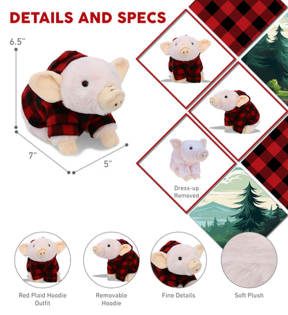 SUPER SOFT PLUSH - SQUAT PIGGY WITH RED PLAID HOODIE
