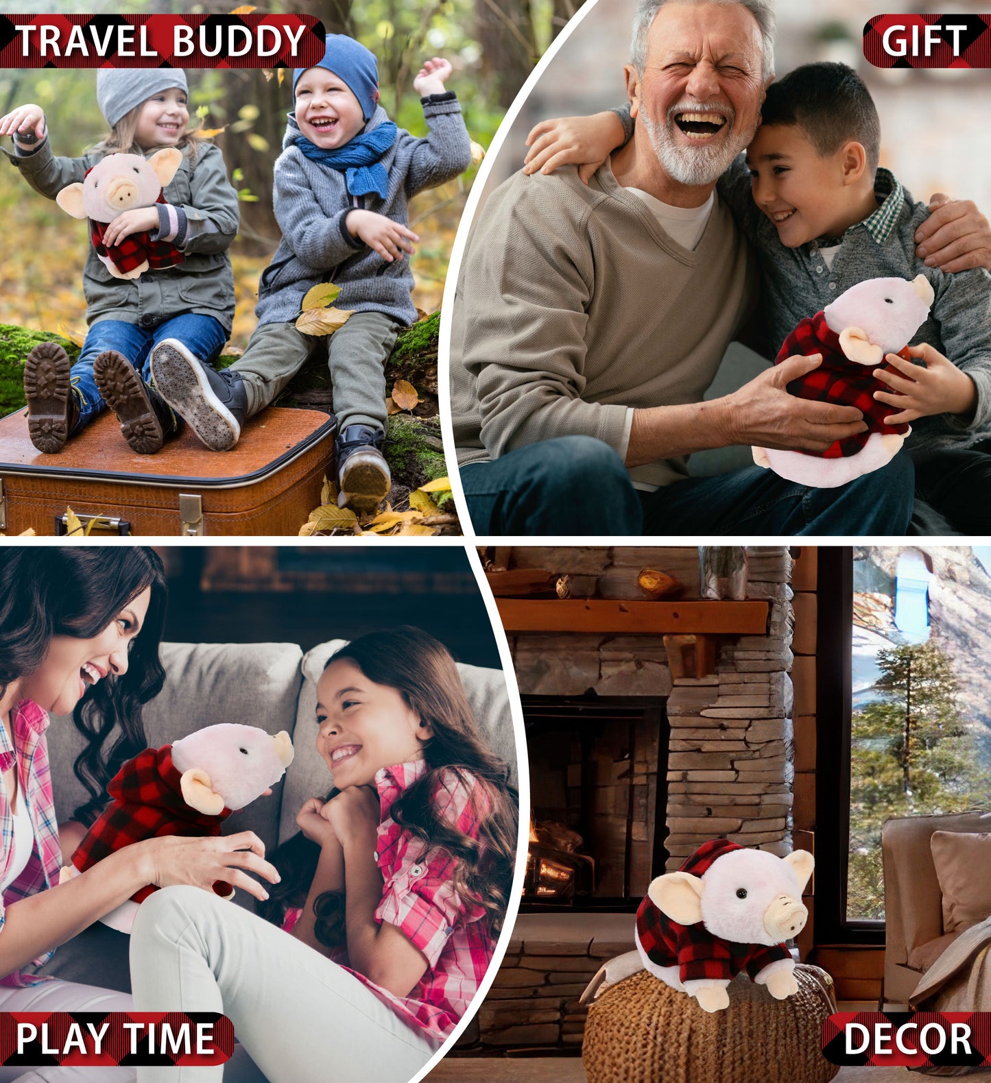 SUPER SOFT PLUSH - SQUAT PIGGY WITH RED PLAID HOODIE