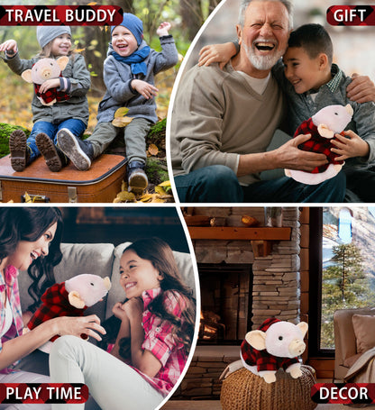 SUPER SOFT PLUSH - SQUAT PIGGY WITH RED PLAID HOODIE
