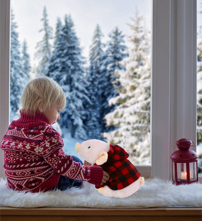 SUPER SOFT PLUSH - SQUAT PIGGY WITH RED PLAID HOODIE