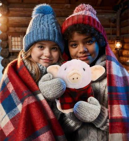SUPER SOFT PLUSH - SQUAT PIGGY WITH RED PLAID HOODIE