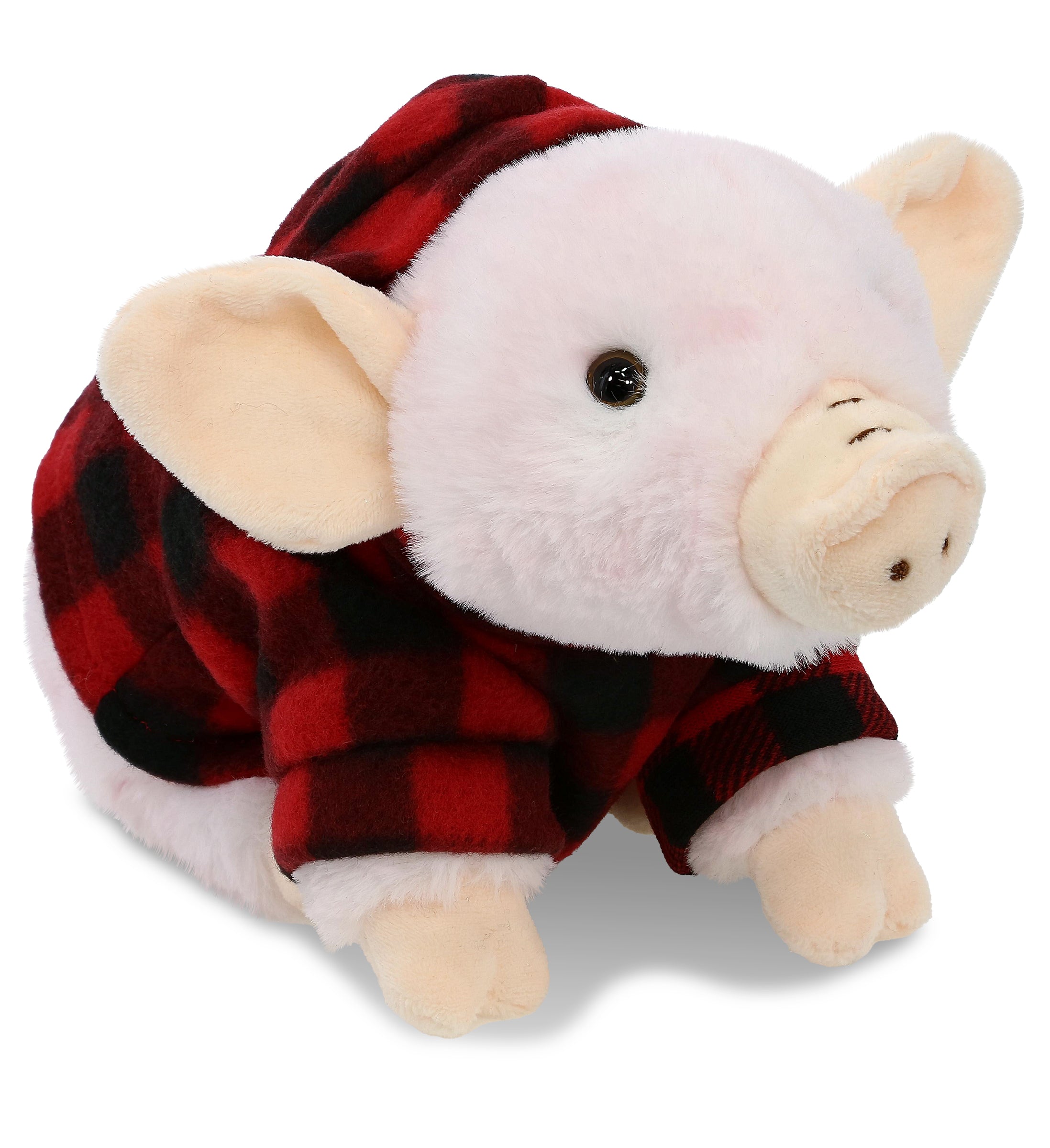 SUPER SOFT PLUSH - SQUAT PIGGY WITH RED PLAID HOODIE