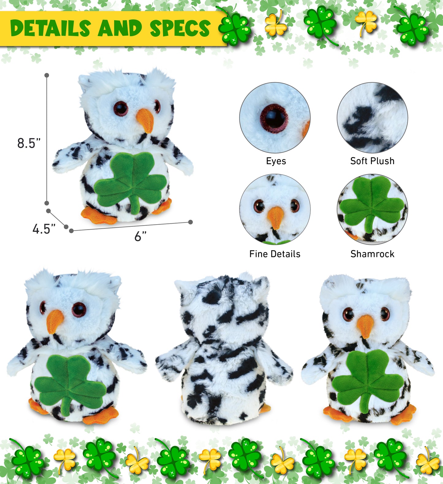 DolliBu White Owl Bird Stuffed Animal with Green Plush Shamrock - 8.5 Inches