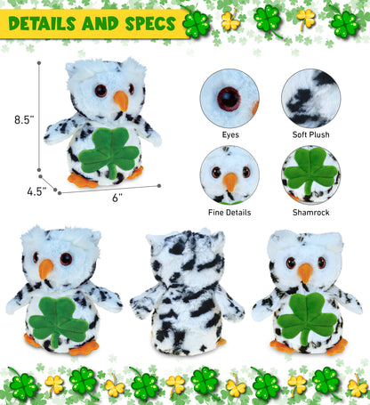 DolliBu White Owl Bird Stuffed Animal with Green Plush Shamrock - 8.5 Inches