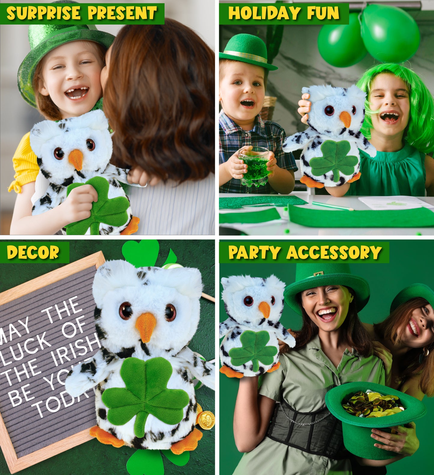 DolliBu White Owl Bird Stuffed Animal with Green Plush Shamrock - 8.5 Inches