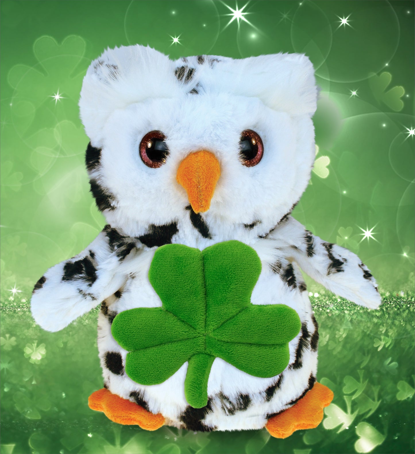 DolliBu White Owl Bird Stuffed Animal with Green Plush Shamrock - 8.5 Inches