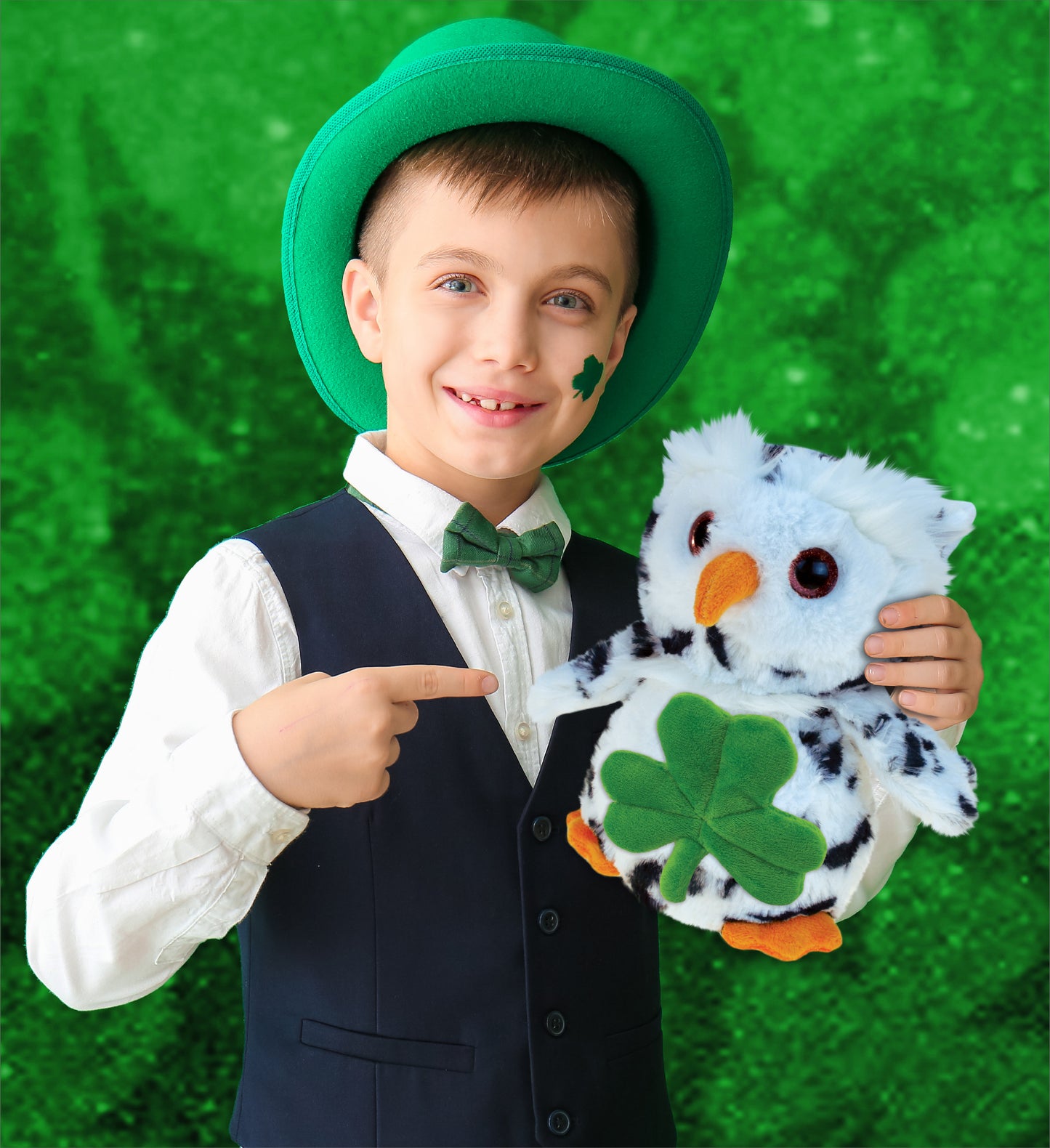 DolliBu White Owl Bird Stuffed Animal with Green Plush Shamrock - 8.5 Inches