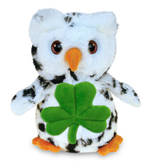 DolliBu White Owl Bird Stuffed Animal with Green Plush Shamrock - 8.5 Inches