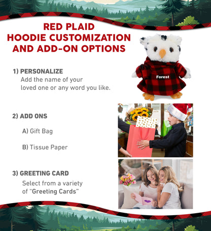 SUPER SOFT PLUSH - WHITE OWL WITH RED PLAID HOODIE