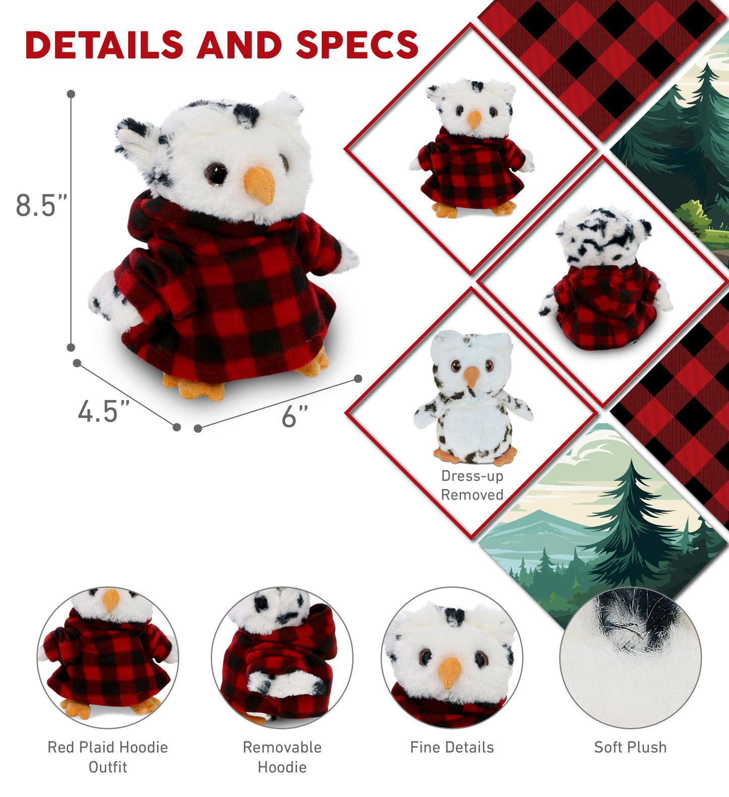 SUPER SOFT PLUSH - WHITE OWL WITH RED PLAID HOODIE