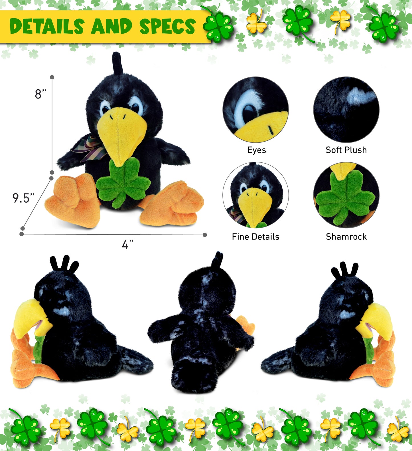 DolliBu Sitting Crow Bird Stuffed Animal with Green Plush Shamrock - 9.5 Inches