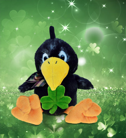 DolliBu Sitting Crow Bird Stuffed Animal with Green Plush Shamrock - 9.5 Inches