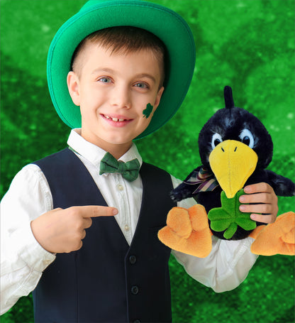 DolliBu Sitting Crow Bird Stuffed Animal with Green Plush Shamrock - 9.5 Inches