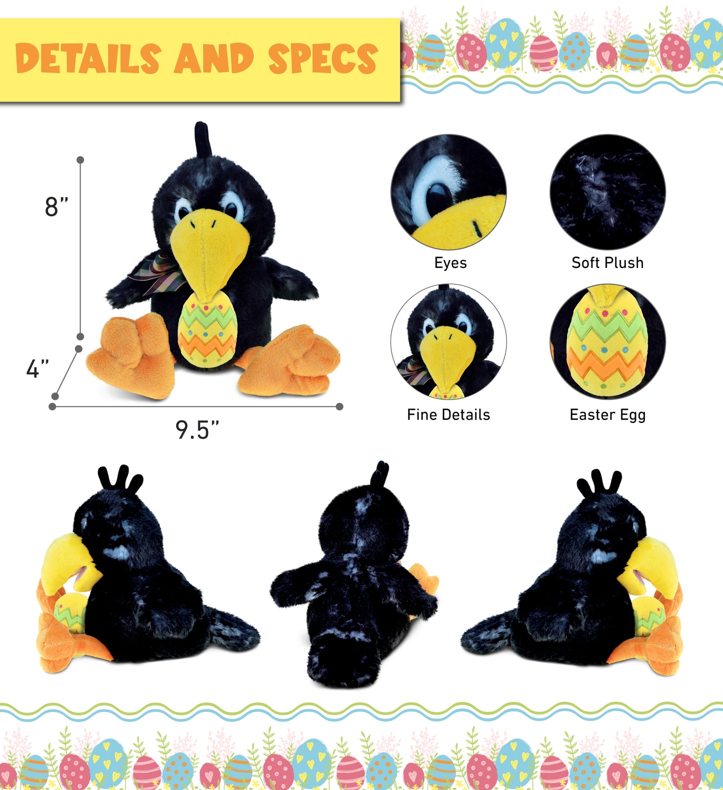 DolliBu Super Soft Sitting Crow Bird with Yellow Easter Egg Plush - 9.5 Inches