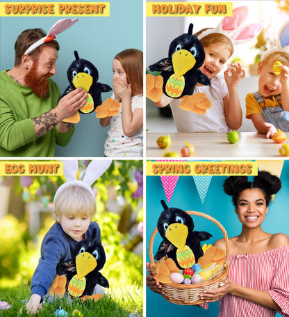 DolliBu Super Soft Sitting Crow Bird with Yellow Easter Egg Plush - 9.5 Inches