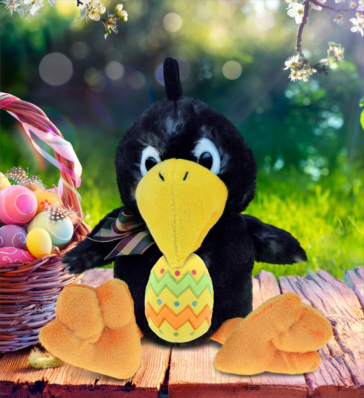 DolliBu Super Soft Sitting Crow Bird with Yellow Easter Egg Plush - 9.5 Inches