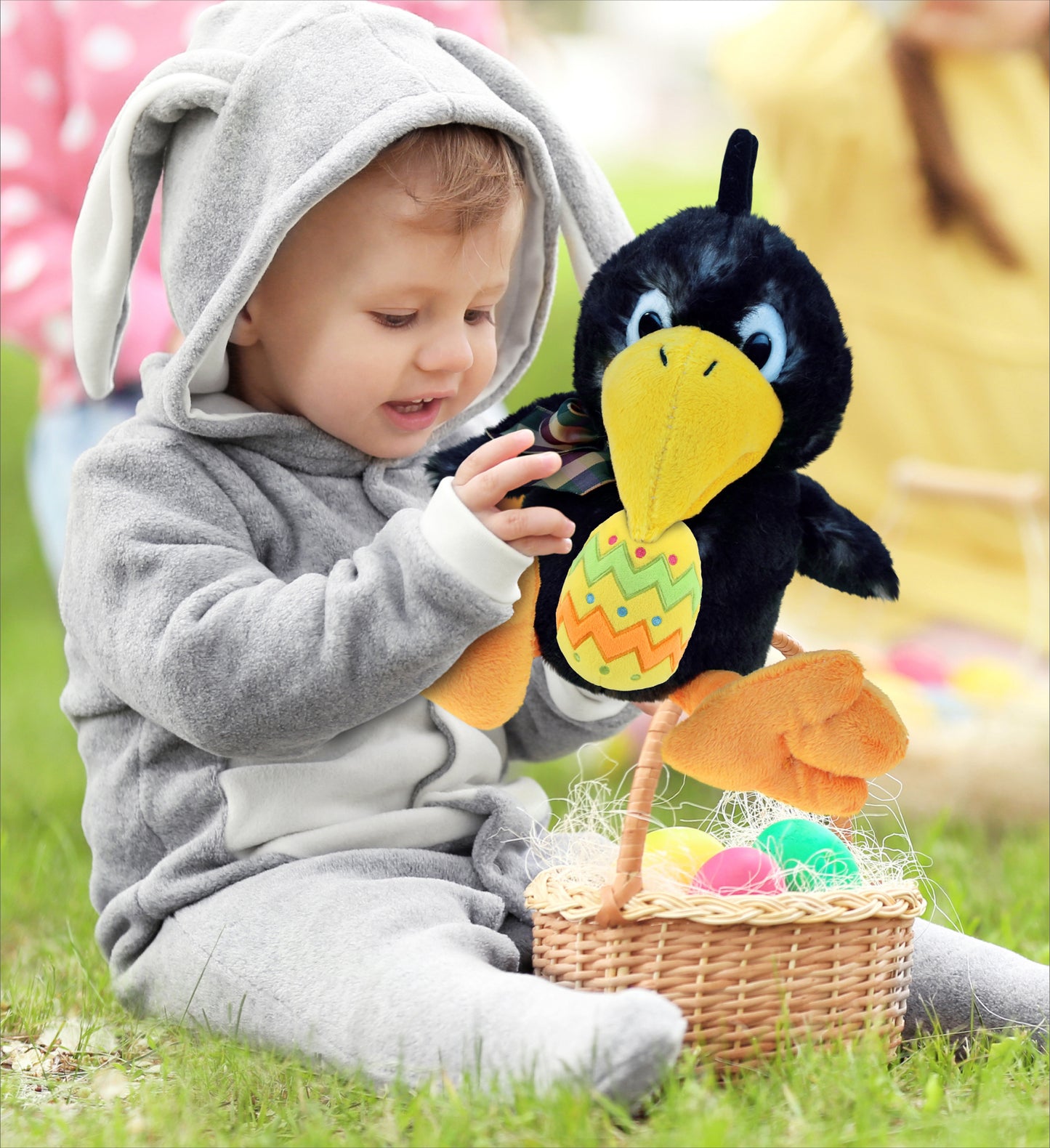DolliBu Super Soft Sitting Crow Bird with Yellow Easter Egg Plush - 9.5 Inches