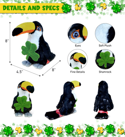 DolliBu Cute Toucan Bird Stuffed Animal with Green Plush Shamrock - 8.5 Inches