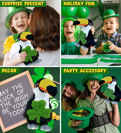 DolliBu Cute Toucan Bird Stuffed Animal with Green Plush Shamrock - 8.5 Inches