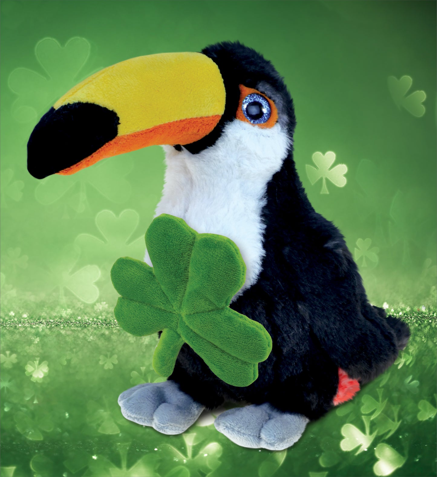 DolliBu Cute Toucan Bird Stuffed Animal with Green Plush Shamrock - 8.5 Inches