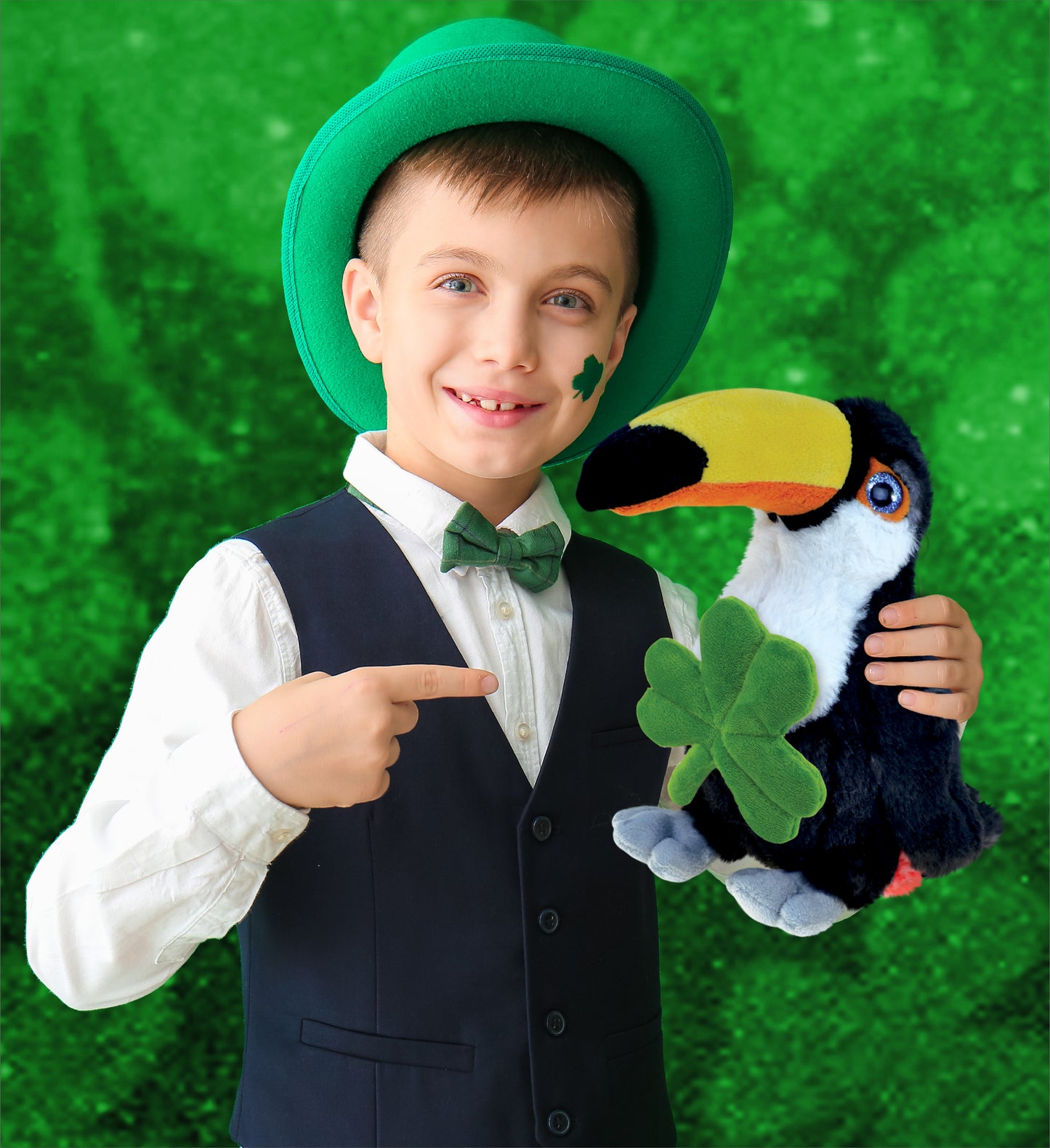 DolliBu Cute Toucan Bird Stuffed Animal with Green Plush Shamrock - 8.5 Inches