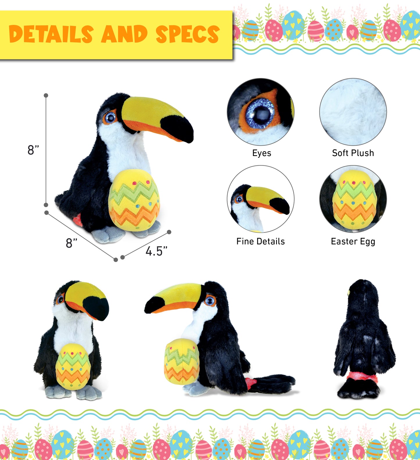DolliBu Super Soft Cute Toucan Bird with Yellow Easter Egg Plush - 9.5 Inches